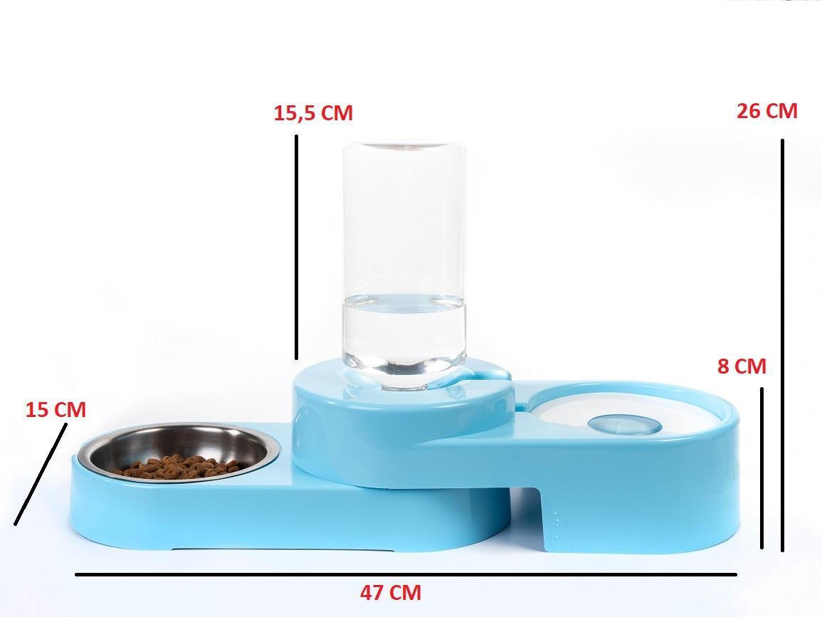 Miapet Köşeli Ayarlanabilir Hazneli Çelik Taslı Kedi-Köpek Mama Ve Su Kabı Seti 1000ml Turkuaz