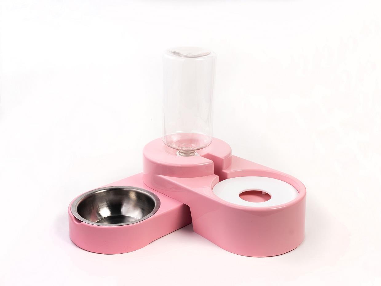 Miapet Köşeli Ayarlanabilir Hazneli Çelik Taslı Kedi-Köpek Mama Ve Su Kabı Seti 1000ml Pembe