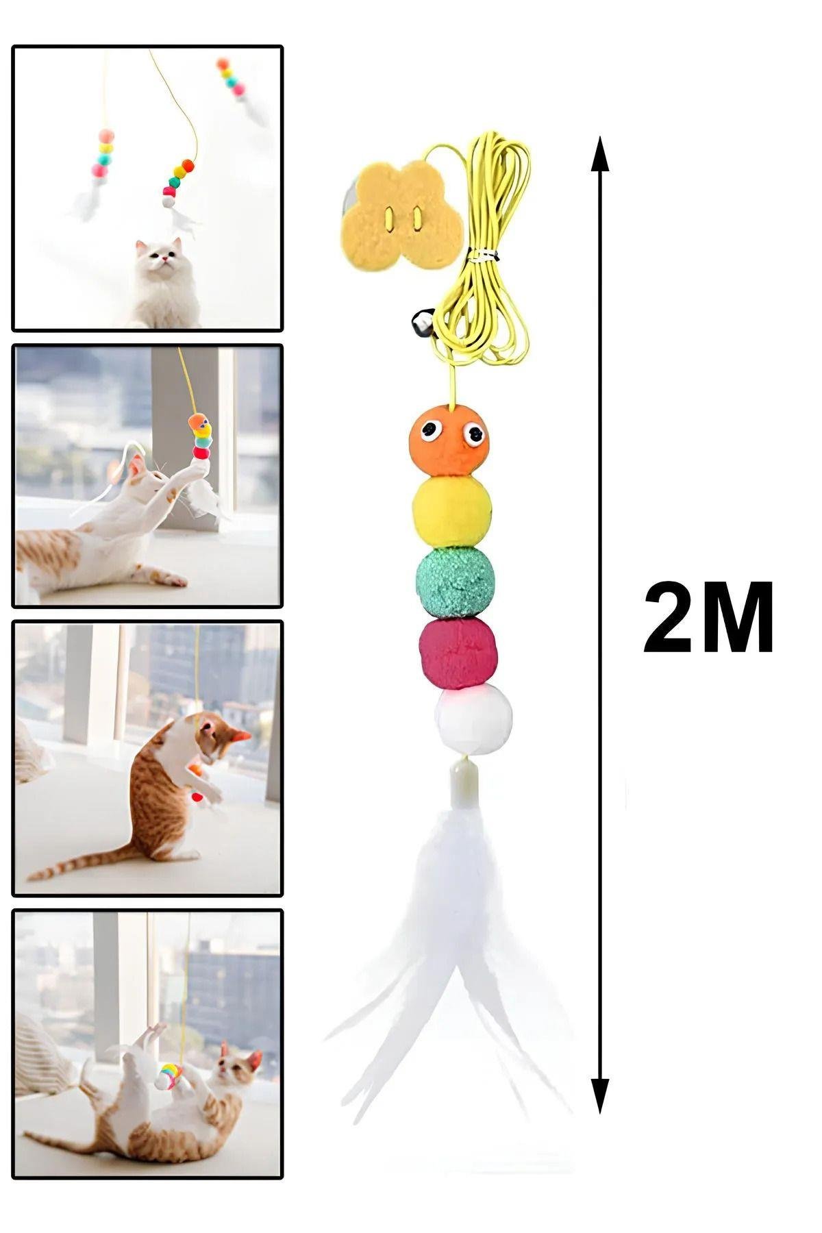 Tırtıl Kedi Oyuncağı Kendinden Yapışkanlı Zilli Elastik İpli Asılı Kedi Oyuncağı