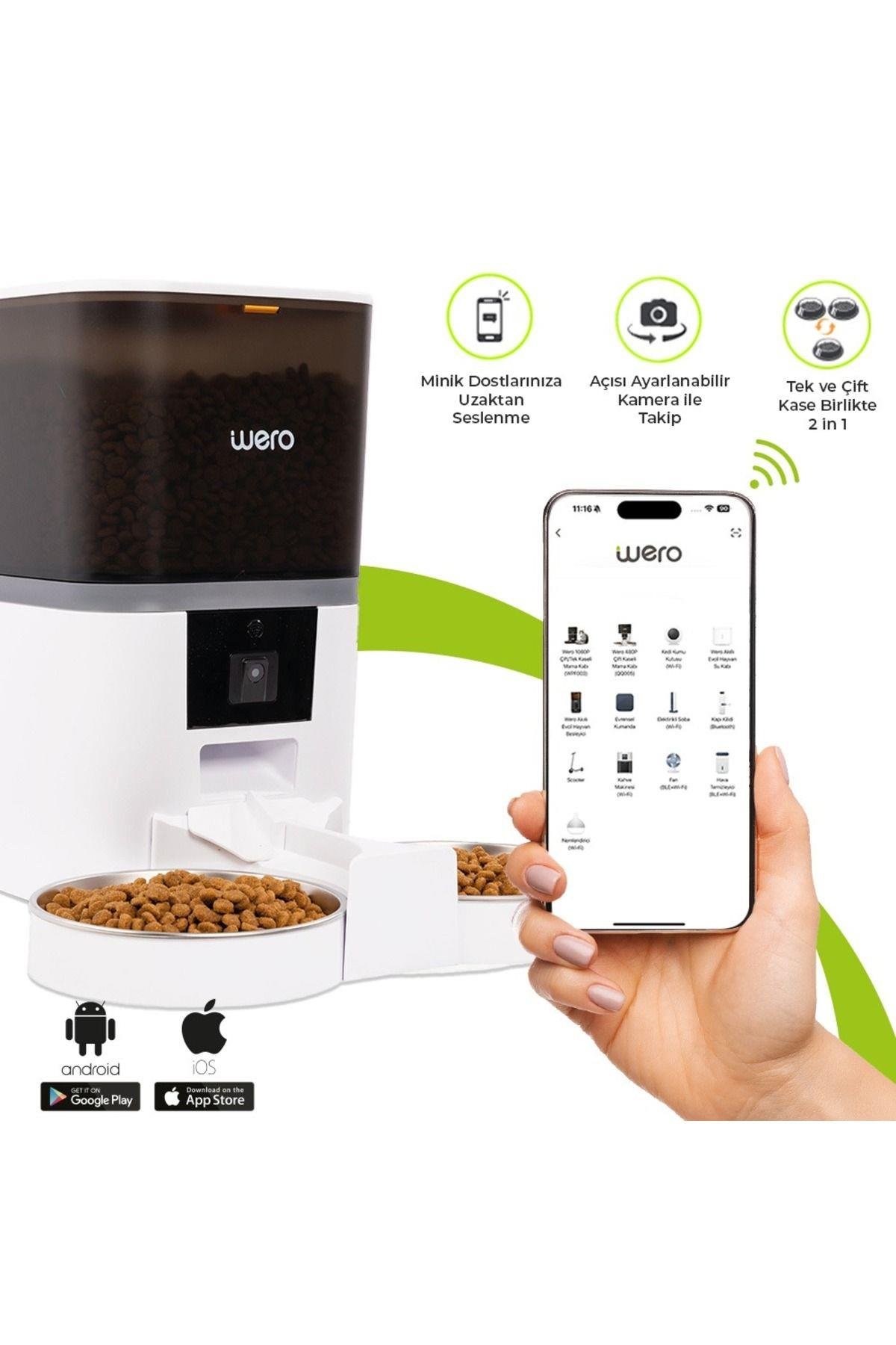 Wero 1080p Çift/tek Kaseli Mama Kabı, Ayarlanabilir Kamera, 6 Lt, Wifi Kontrol Kedi / Köpek Besleyici