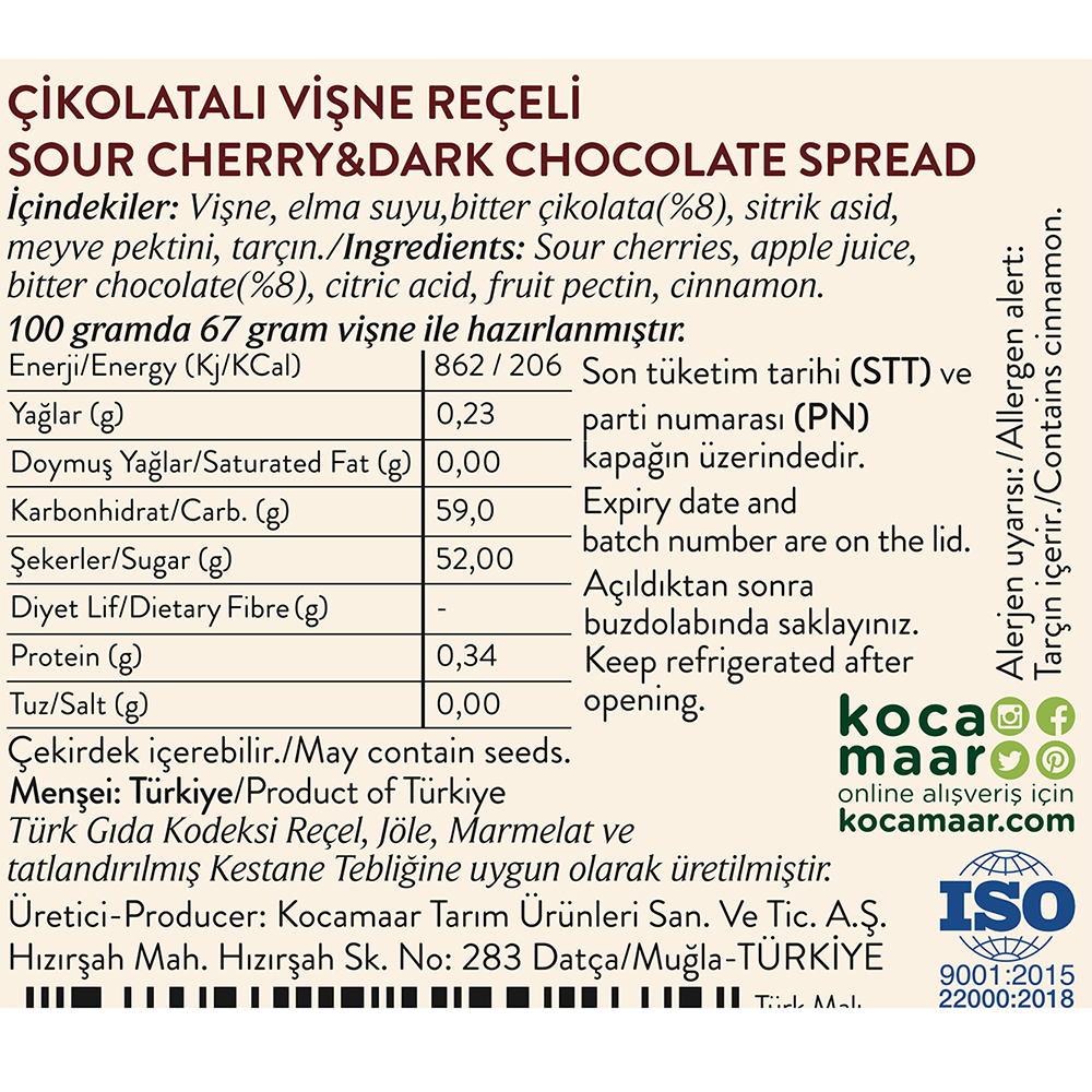 Kocamaar Çiftliği Çikolata Vişne Reçeli  (Rafine Şeker İlavesiz) 240 gr