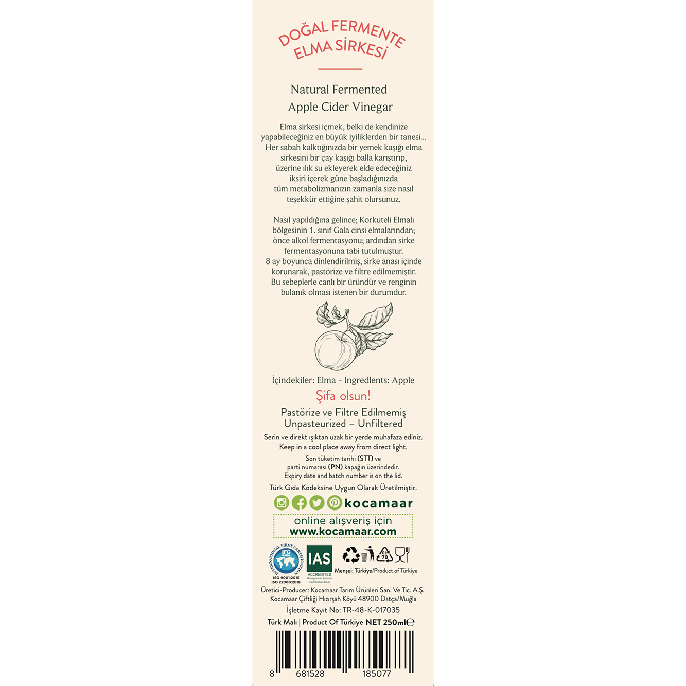 Natural Fermented Apple Cider Vinegar (with Mother) 250 ml
