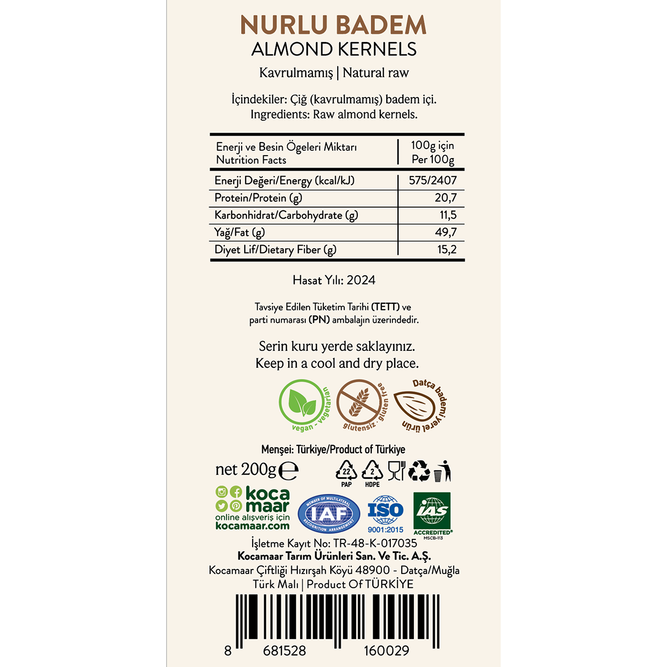 Kocamaar Çiftliği Kavrulmamış İç Badem Nurlu 200 gr