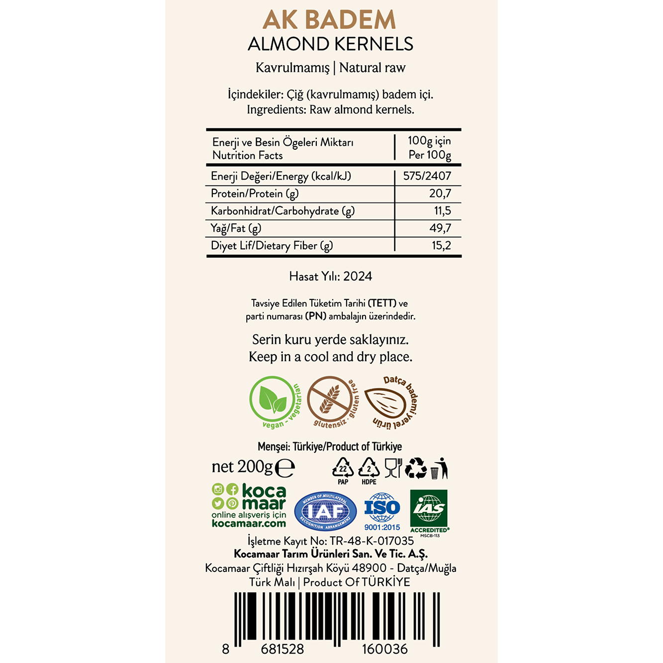 Kocamaar Çiftliği Kavrulmamış İç Badem Akbadem 200 gr
