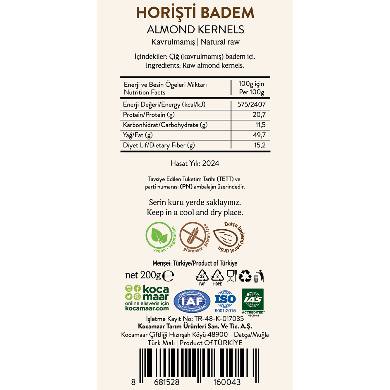 Kocamaar Çiftliği Kavrulmamış İç Badem Horişti 200 gr
