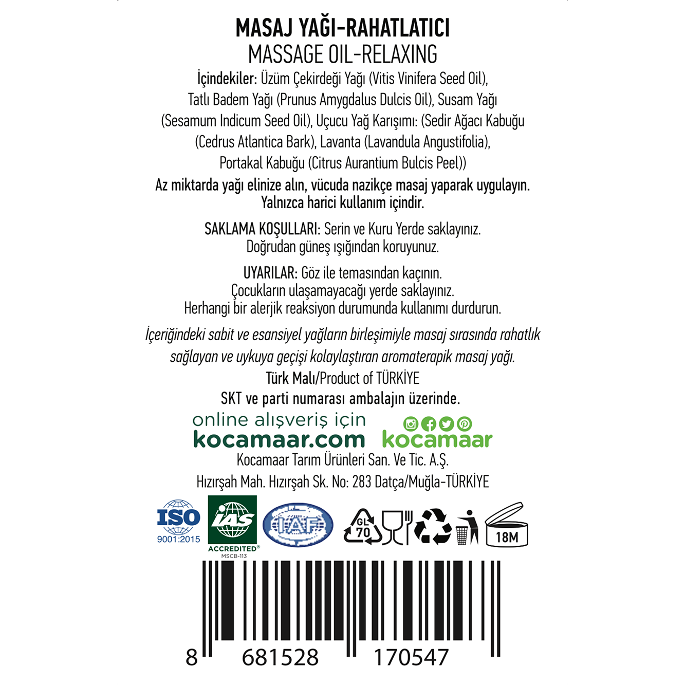 Kocamaar Çiftliği Rahatlatıcı Masaj Yağı, Sedir & Lavanta 150ml