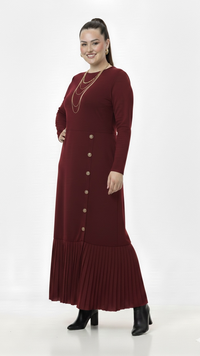 Bedrinxxl, Elbise, Pilise Detaylı Elbise Bordo