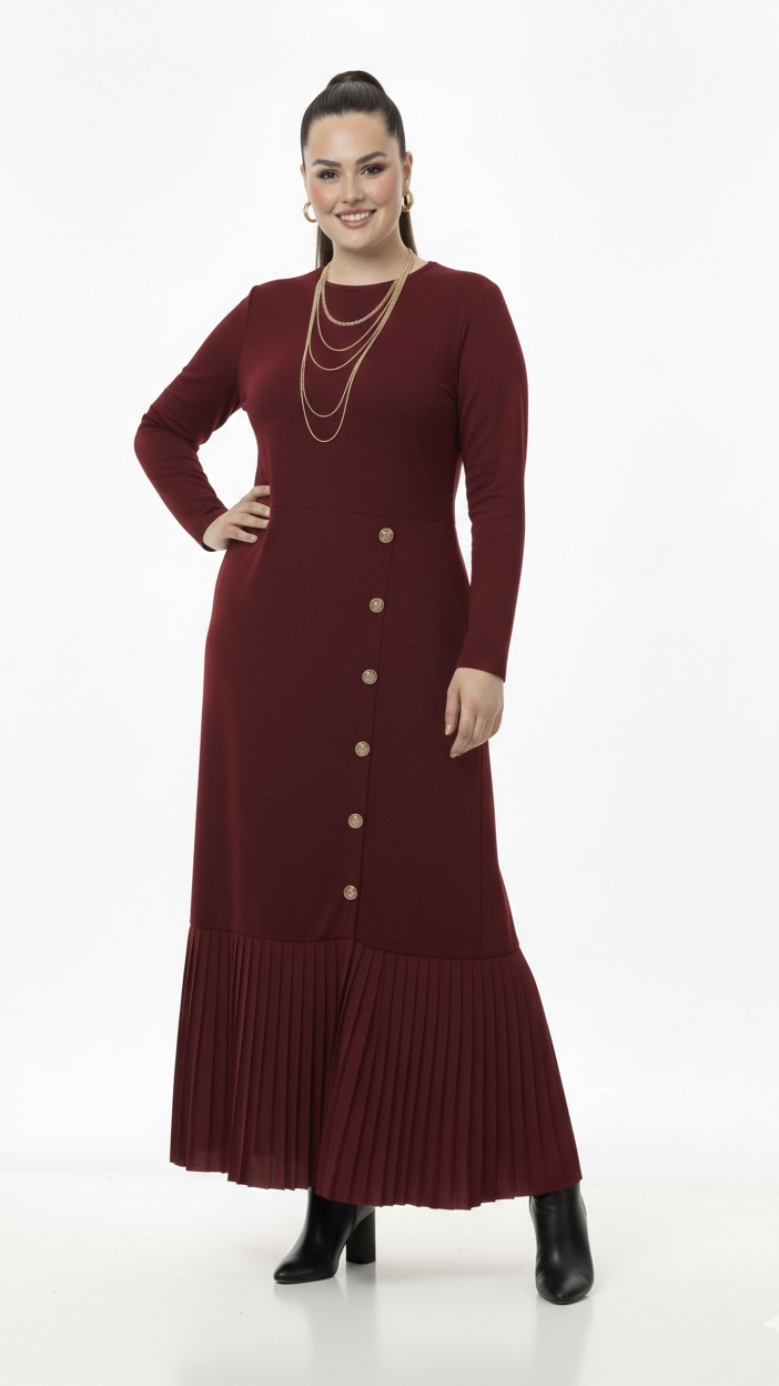Bedrinxxl, Elbise, Pilise Detaylı Elbise Bordo