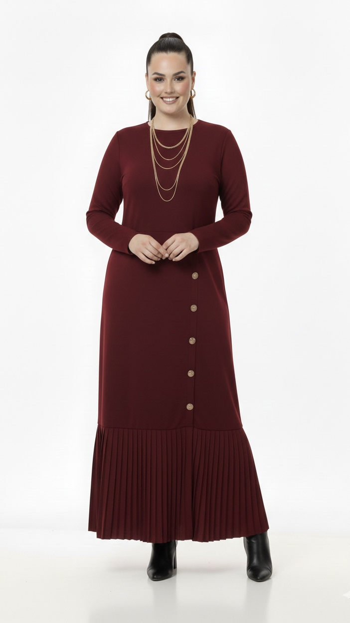 Bedrinxxl, Elbise, Pilise Detaylı Elbise Bordo