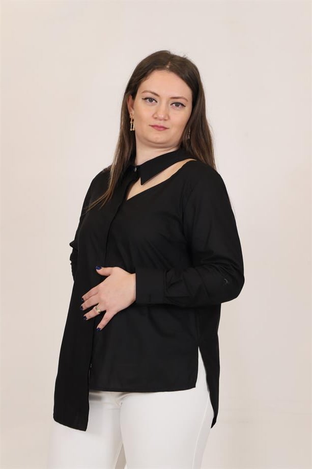 Bedrinxxl, Gömlek, Büyük Beden Küpeli Gömlek Siyah