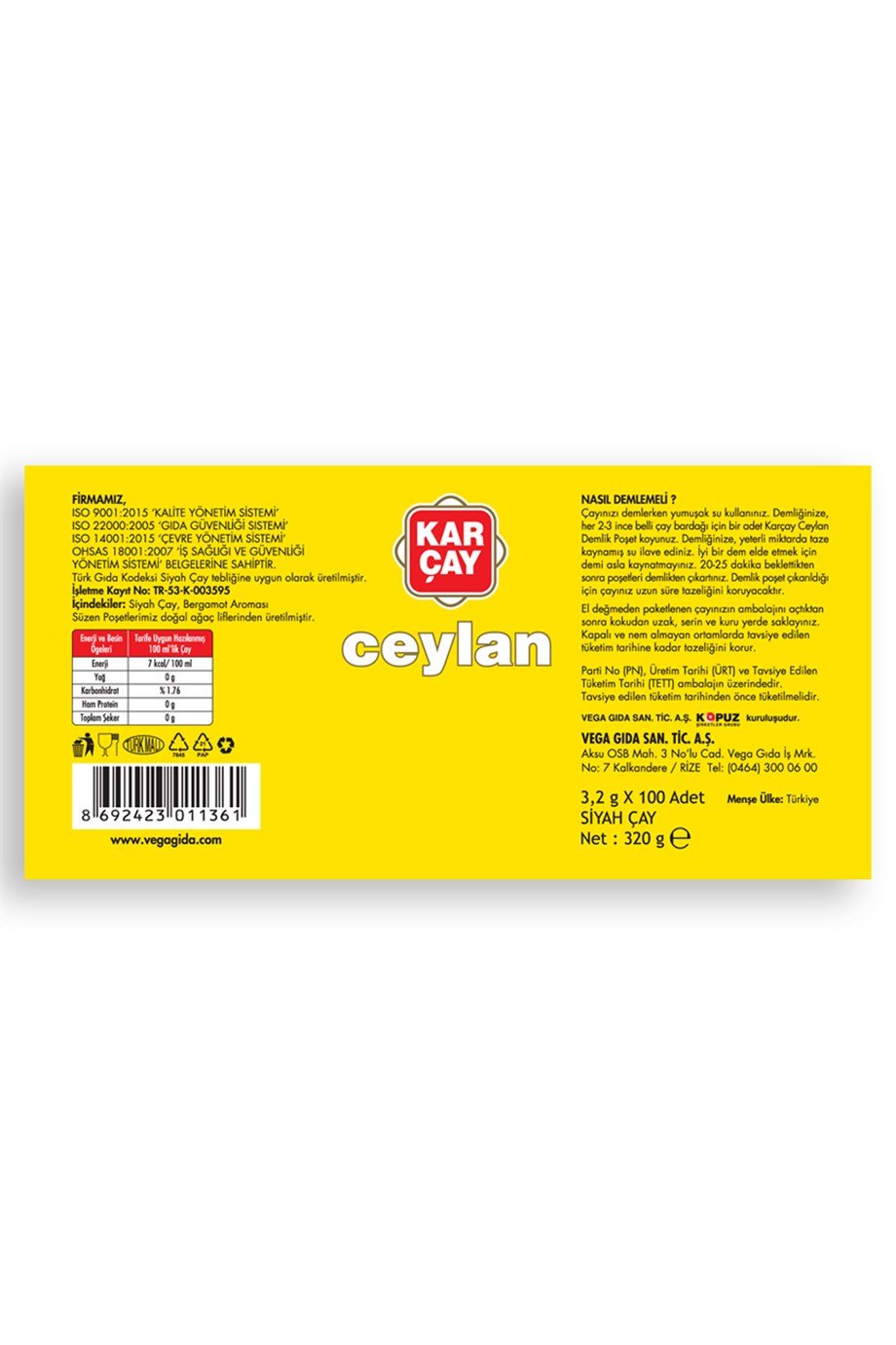 Karçay Ceylan Bergamot Aromalı Demlik Poşet Çay 320Gr (100 Adet x 3.2Gr)