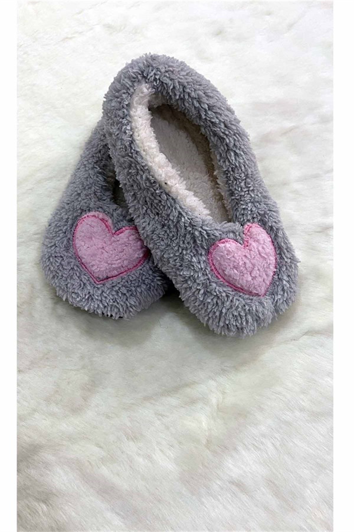 Çocuk Babet Panduf 5-6 Yaş Gri Pembe Kalp