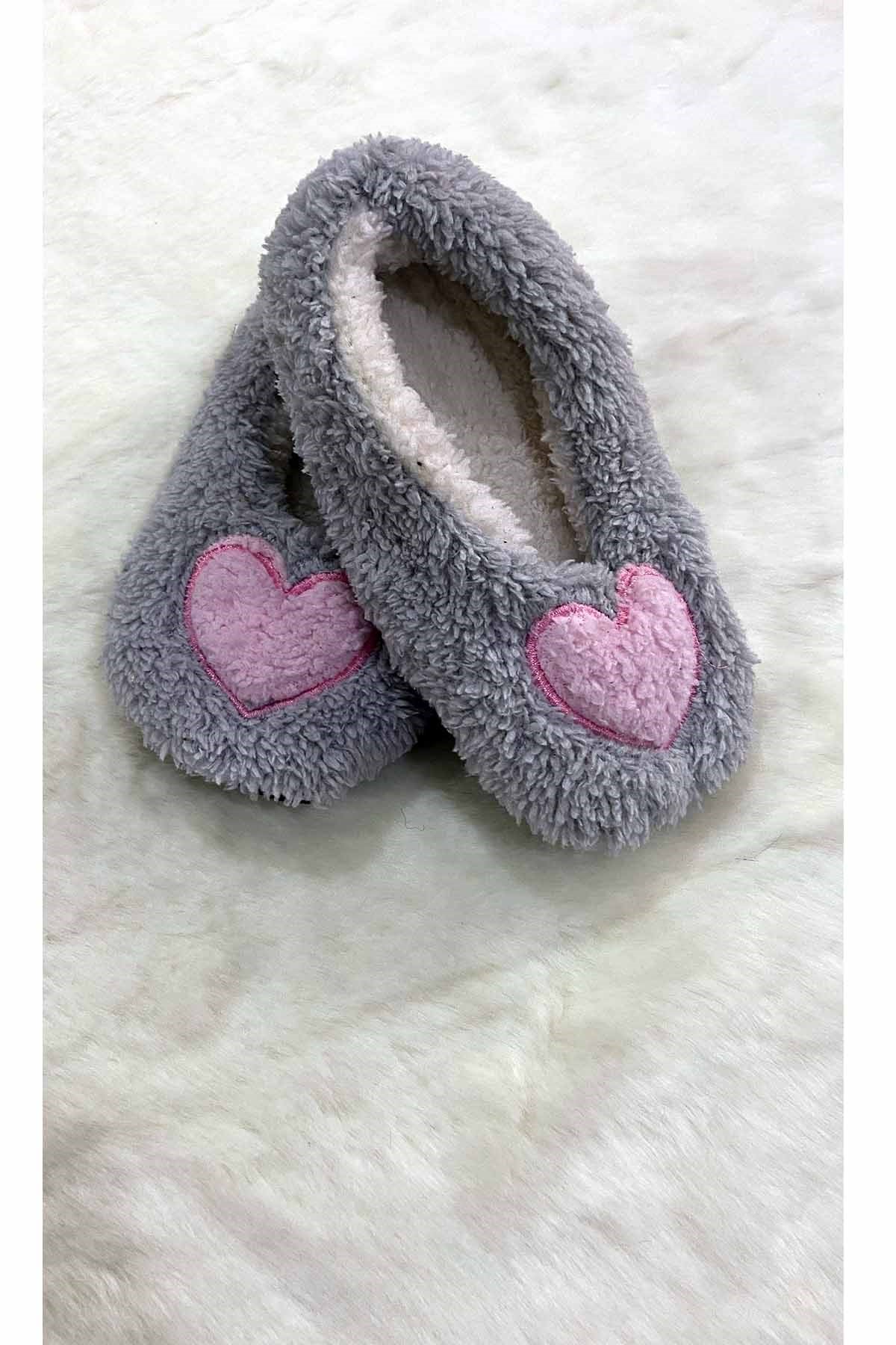 Çocuk Babet Panduf 5-6 Yaş Gri Pembe Kalp