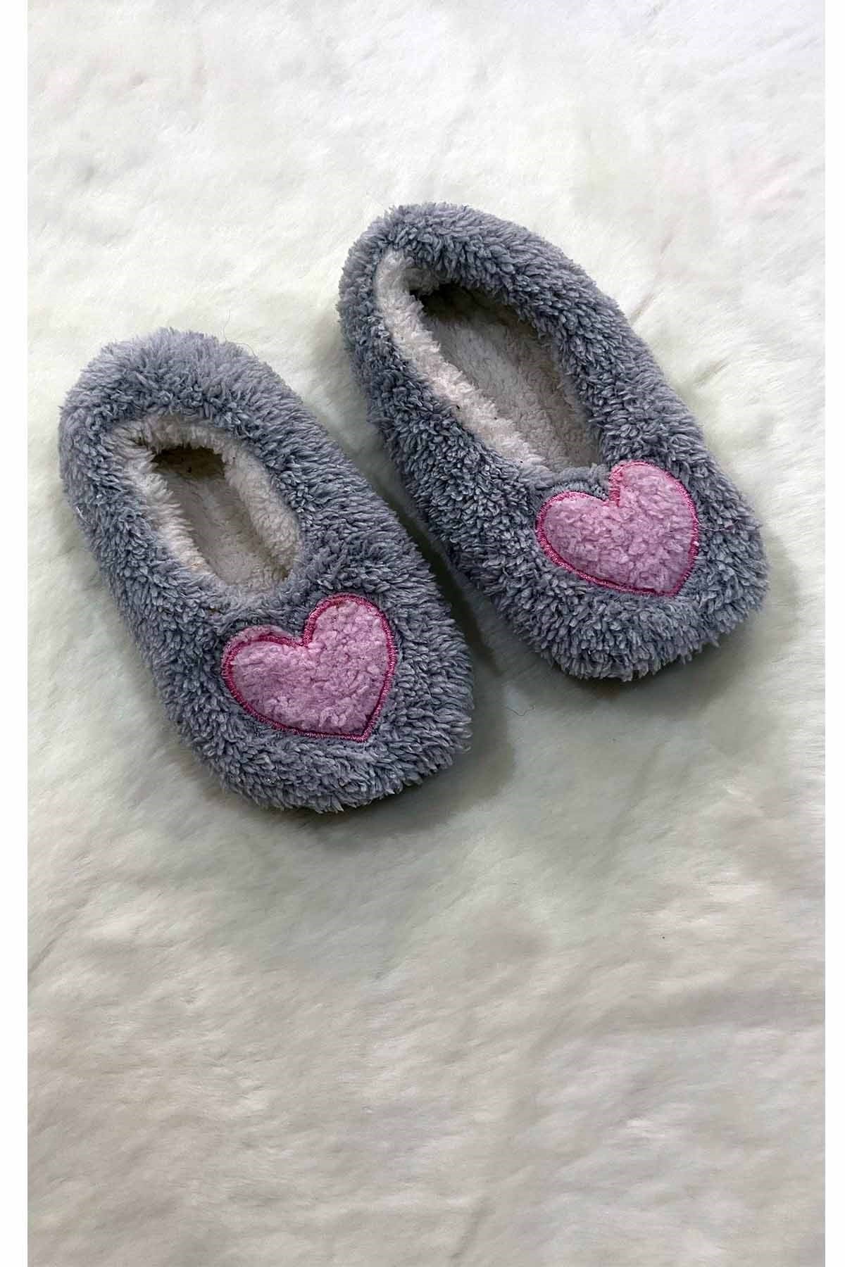 Çocuk Babet Panduf 5-6 Yaş Gri Pembe Kalp