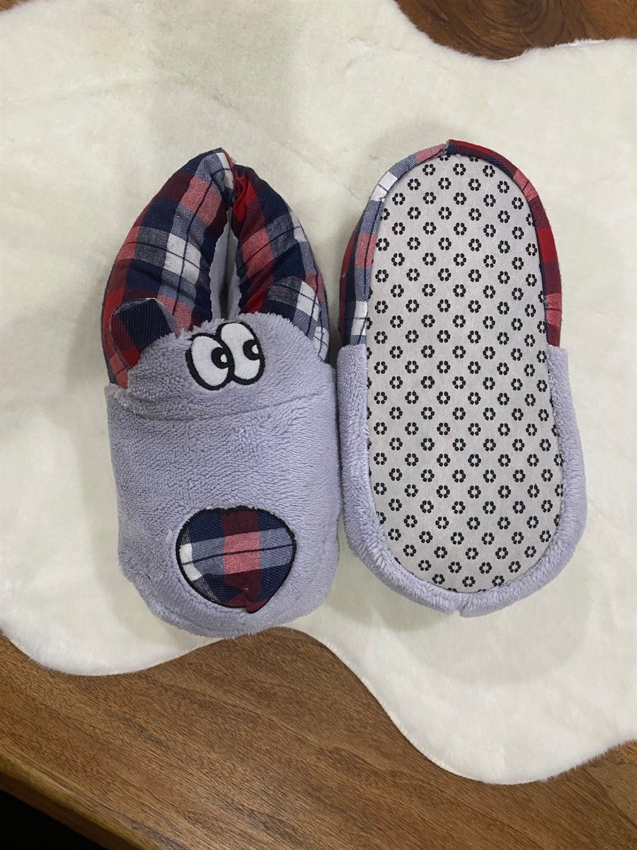 Hayvan Figürlü Panduf 36-39 Gri Kırmızı Köpek Kareli