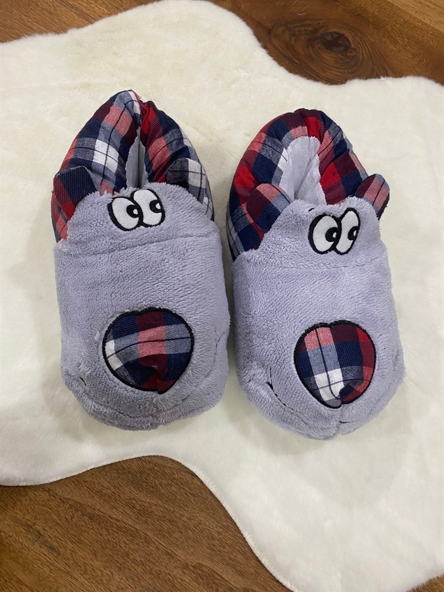 Hayvan Figürlü Panduf 36-39 Gri Kırmızı Köpek Kareli