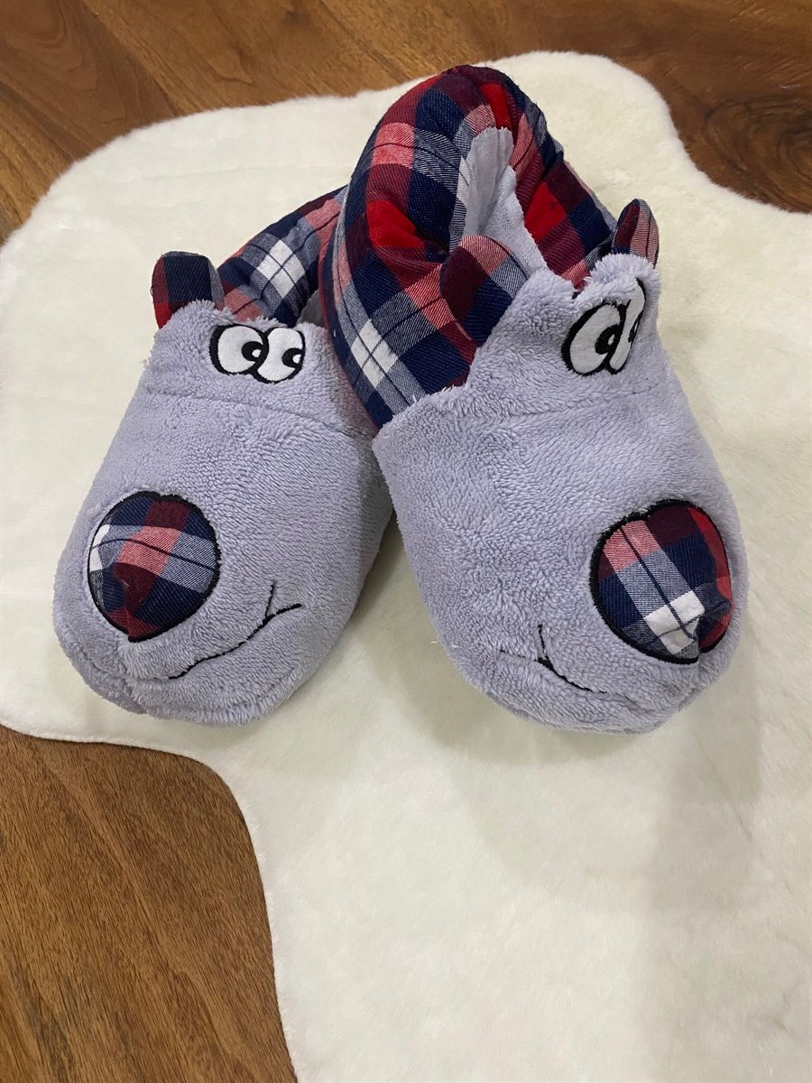 Hayvan Figürlü Panduf 36-39 Gri Kırmızı Köpek Kareli