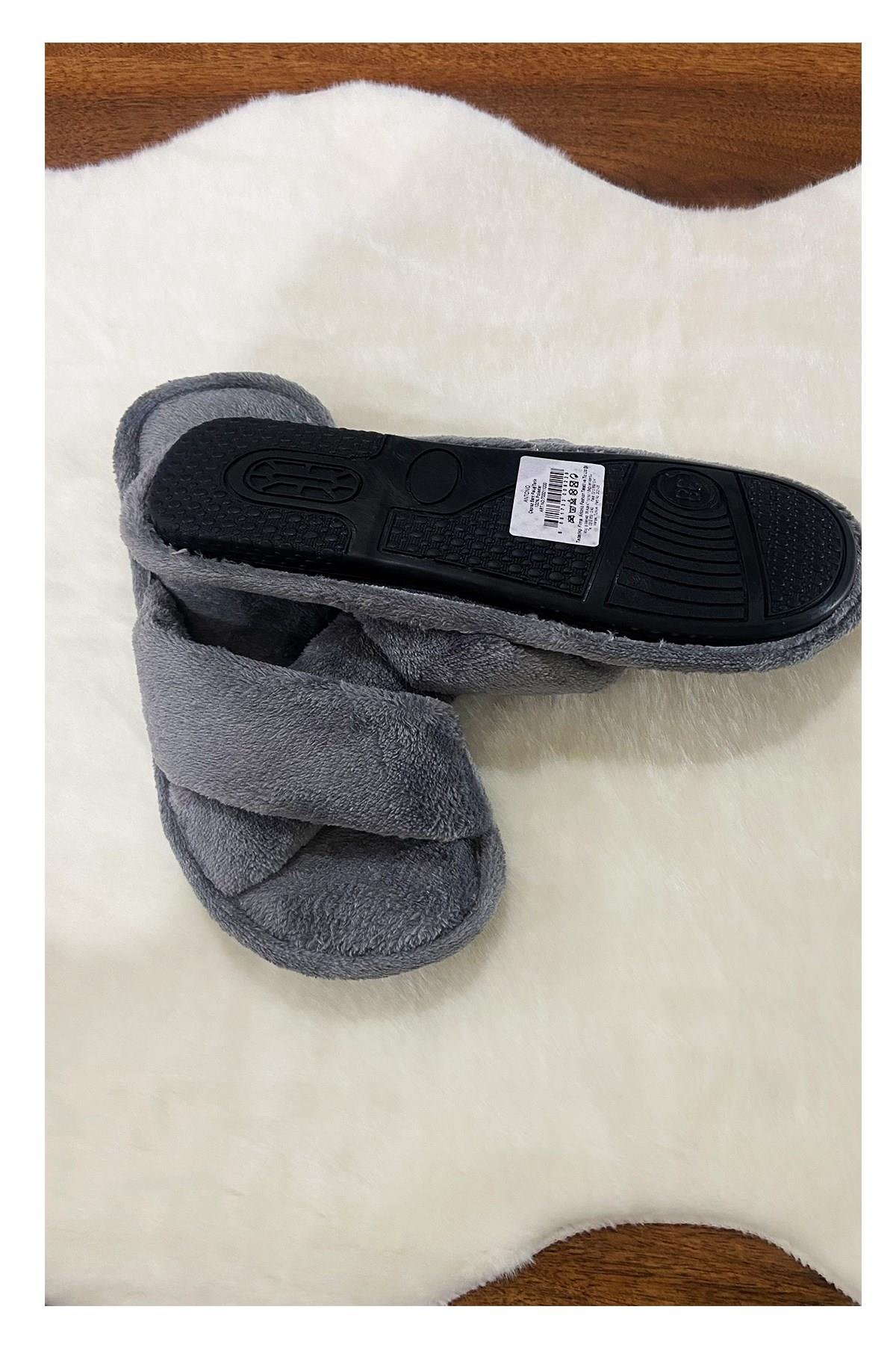 Kadın Ev Terliği Çapraz Bant Peluş Gri