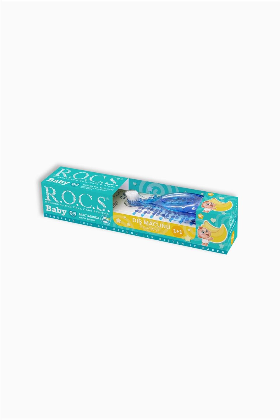 Rocs Baby 0-3 Yaş Muz Püresi Tadında Diş Macunu 45 Gr + Diş Fırçası Seti - Mavi | Rocs | Rocs Baby 0-3 Yaş Muz Püresi Tadında Diş Macunu 45 Gr + Diş Fırçası Seti - Mavi