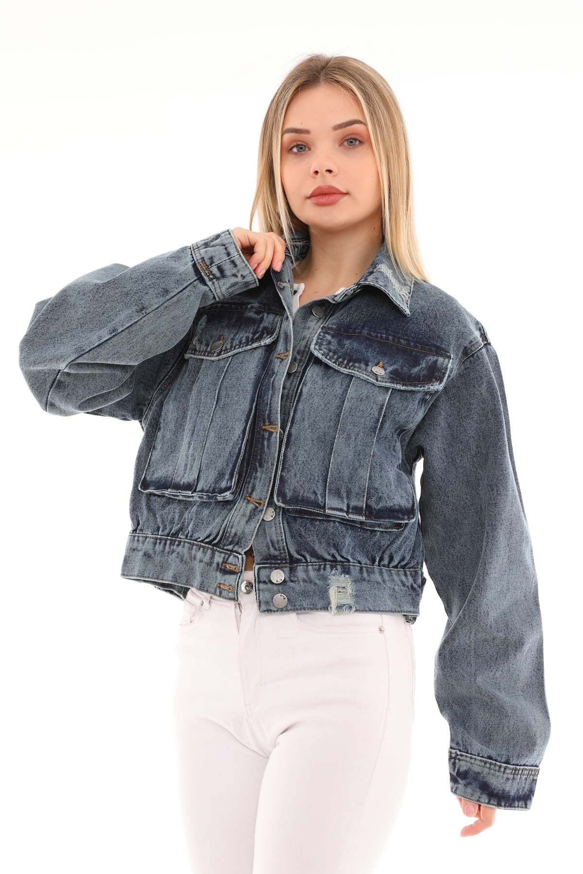 The Bark Balon Cep Kadın Jean Ceket 6609 Mavi