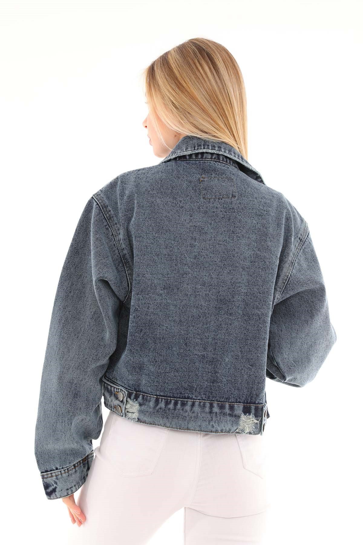 The Bark Balon Cep Kadın Jean Ceket 6609 Mavi