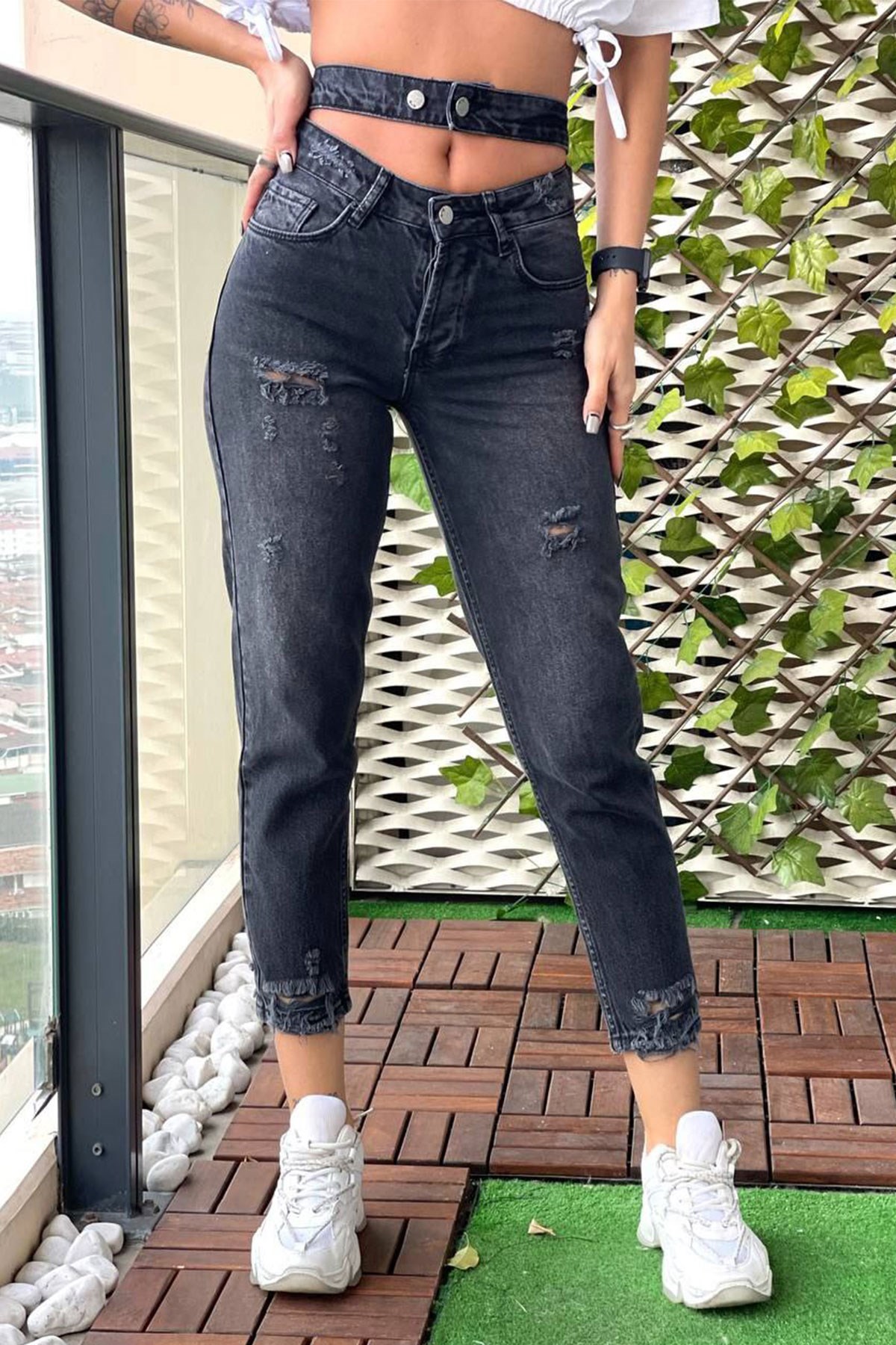 The Bark Çift Kemer Lazer Detaylı Mom Jean Kadın Pantolon 4610-096 Siyah