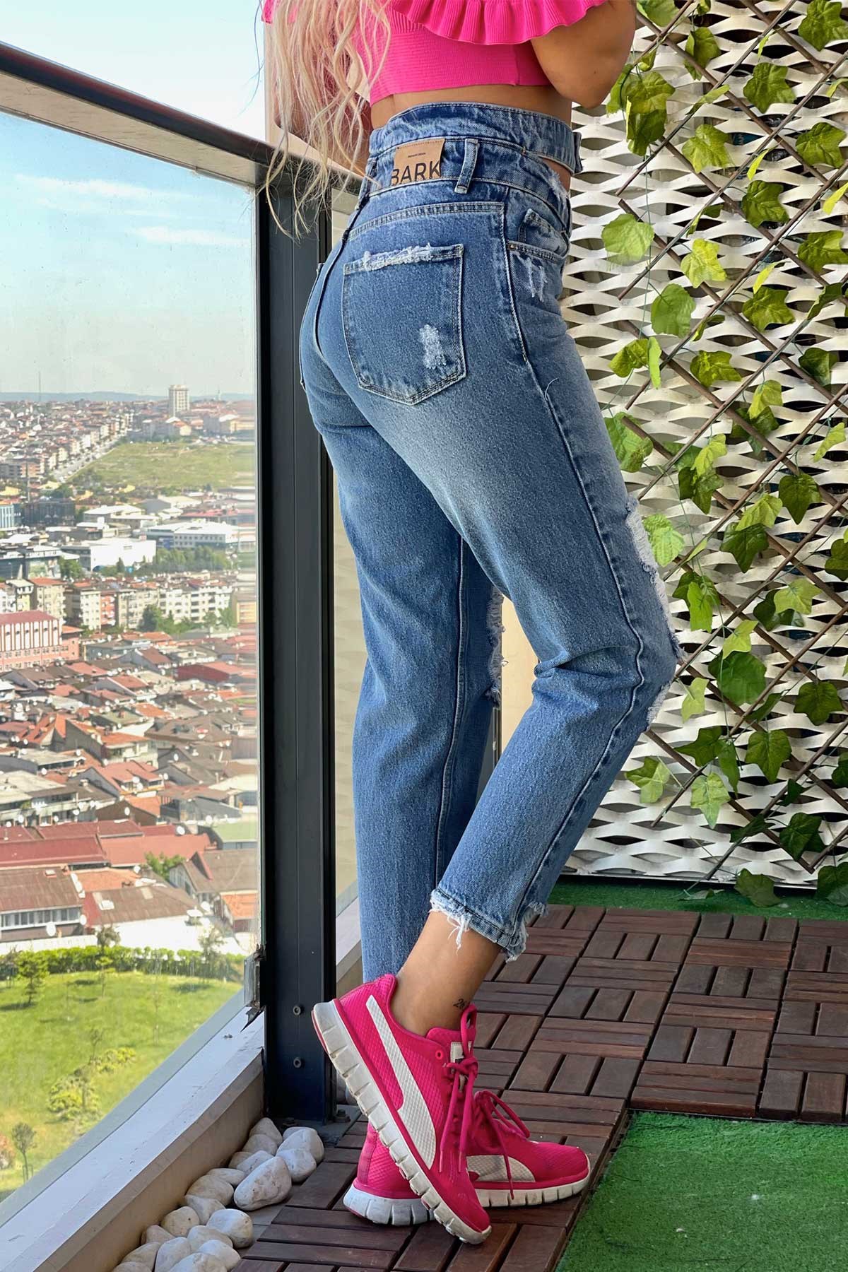 The Bark Çift Kemer Lazer Detaylı Mom Jean Kadın Pantolon 4610-152 Mavi