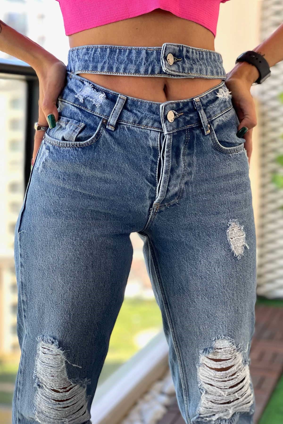 The Bark Çift Kemer Lazer Detaylı Mom Jean Kadın Pantolon 4610-152 Mavi