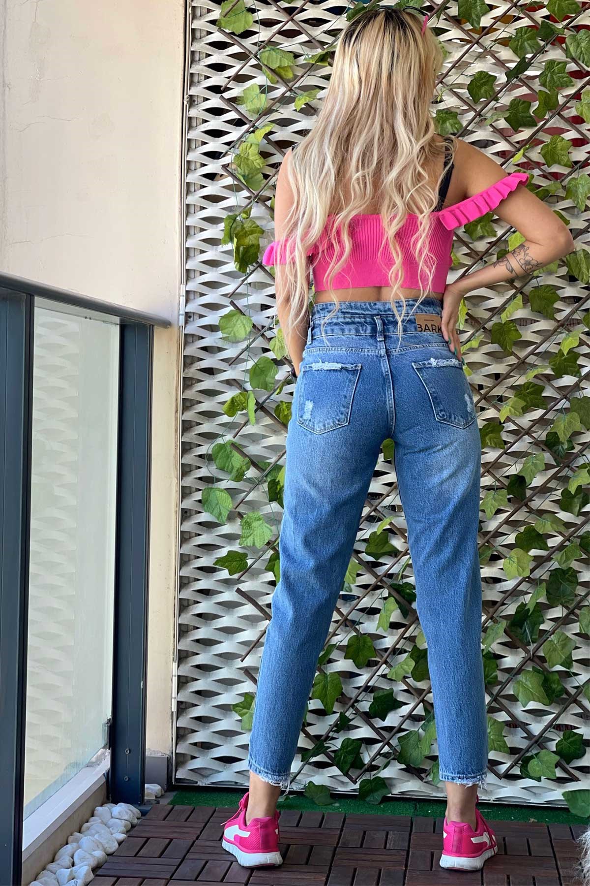 The Bark Çift Kemer Lazer Detaylı Mom Jean Kadın Pantolon 4610-152 Mavi