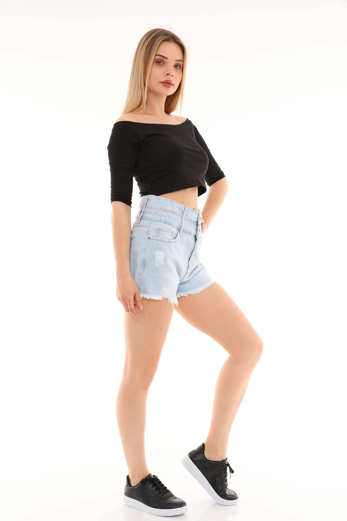 The Bark Çift Kemerli Mini Kadın Jean Şort 2297 Açık Mavi