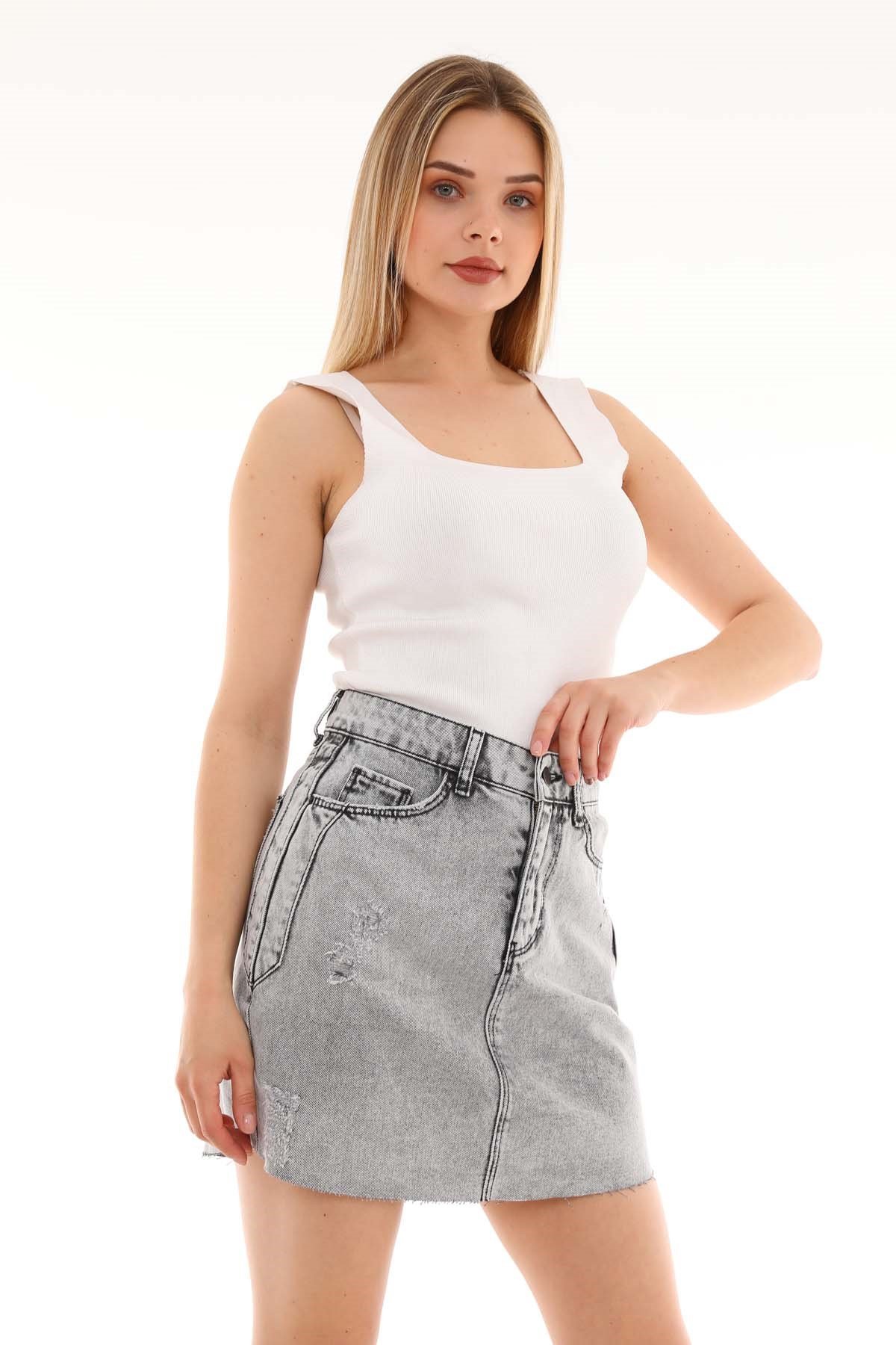 The Bark Dar Mini Kadın Jean Etek 7365 Gri