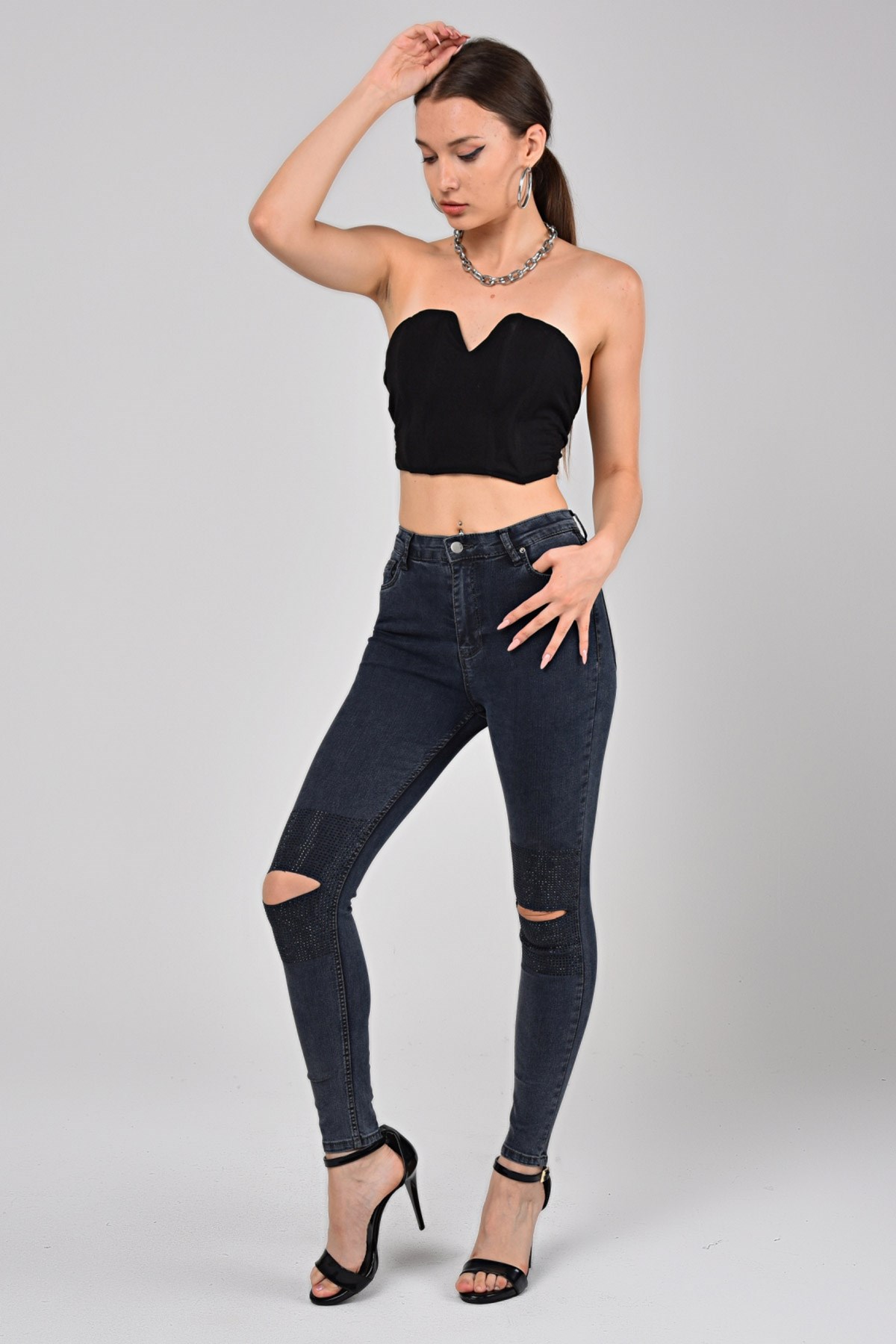 The Bark Dizleri Taş Detay Kadın Skinny Jean Pantolon 1031-993 Koyu Mavi
