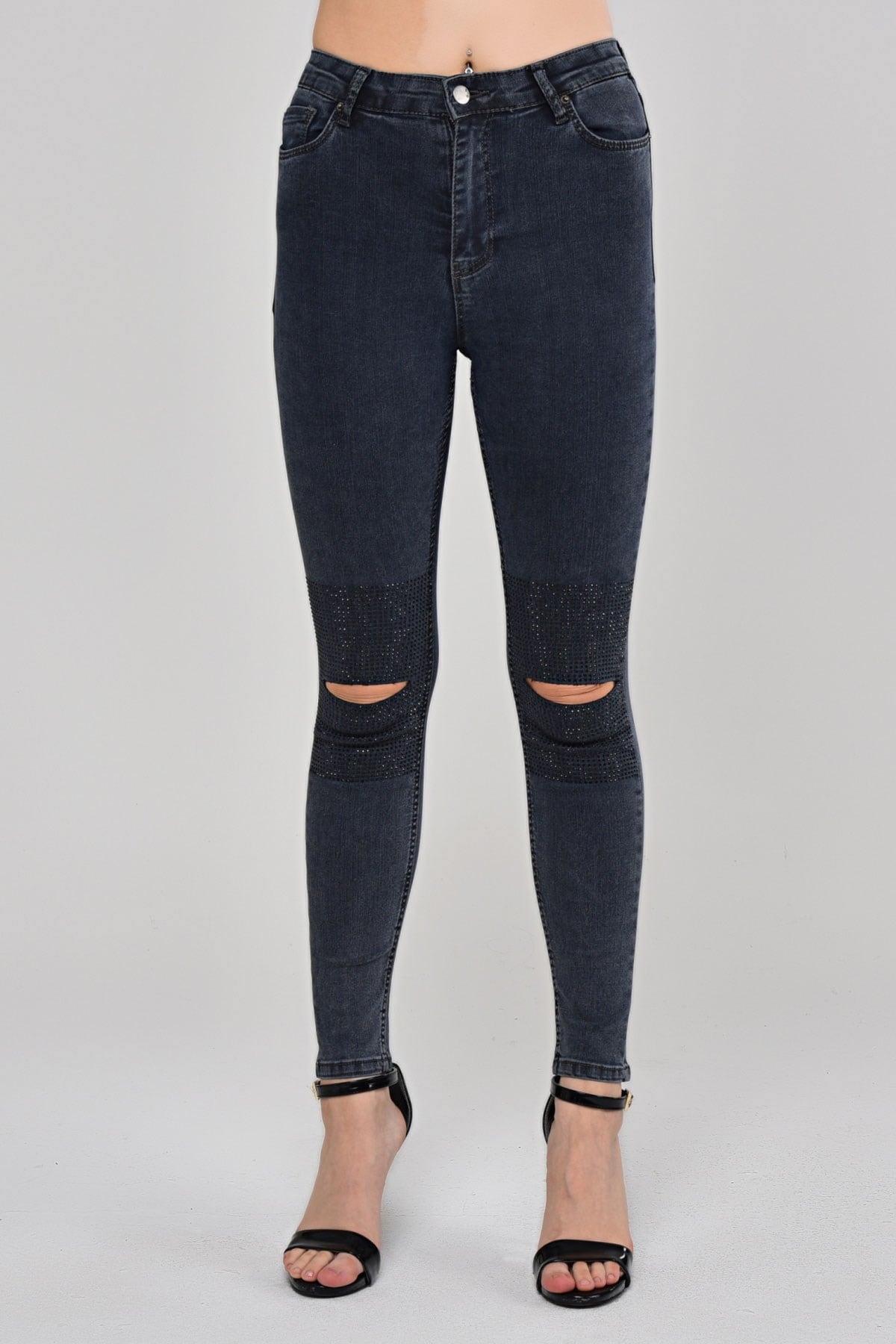 The Bark Dizleri Taş Detay Kadın Skinny Jean Pantolon 1031-993 Koyu Mavi