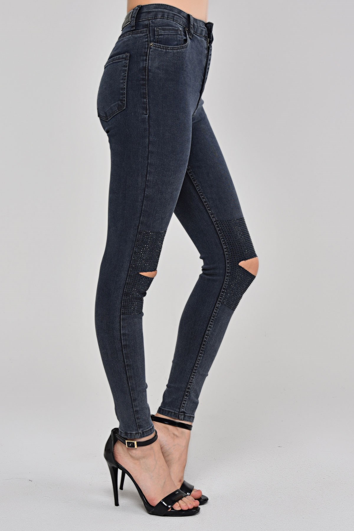 The Bark Dizleri Taş Detay Kadın Skinny Jean Pantolon 1031-993 Koyu Mavi