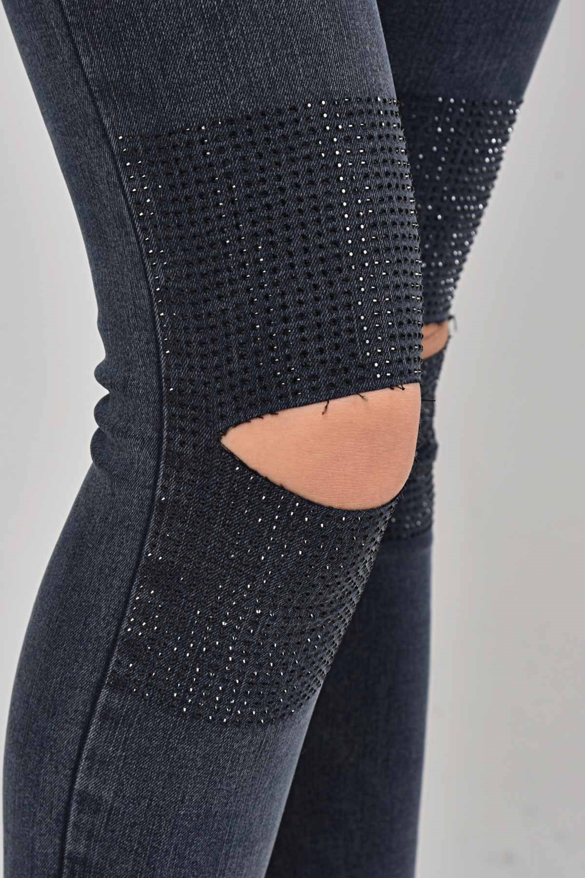 The Bark Dizleri Taş Detay Kadın Skinny Jean Pantolon 1031-993 Koyu Mavi