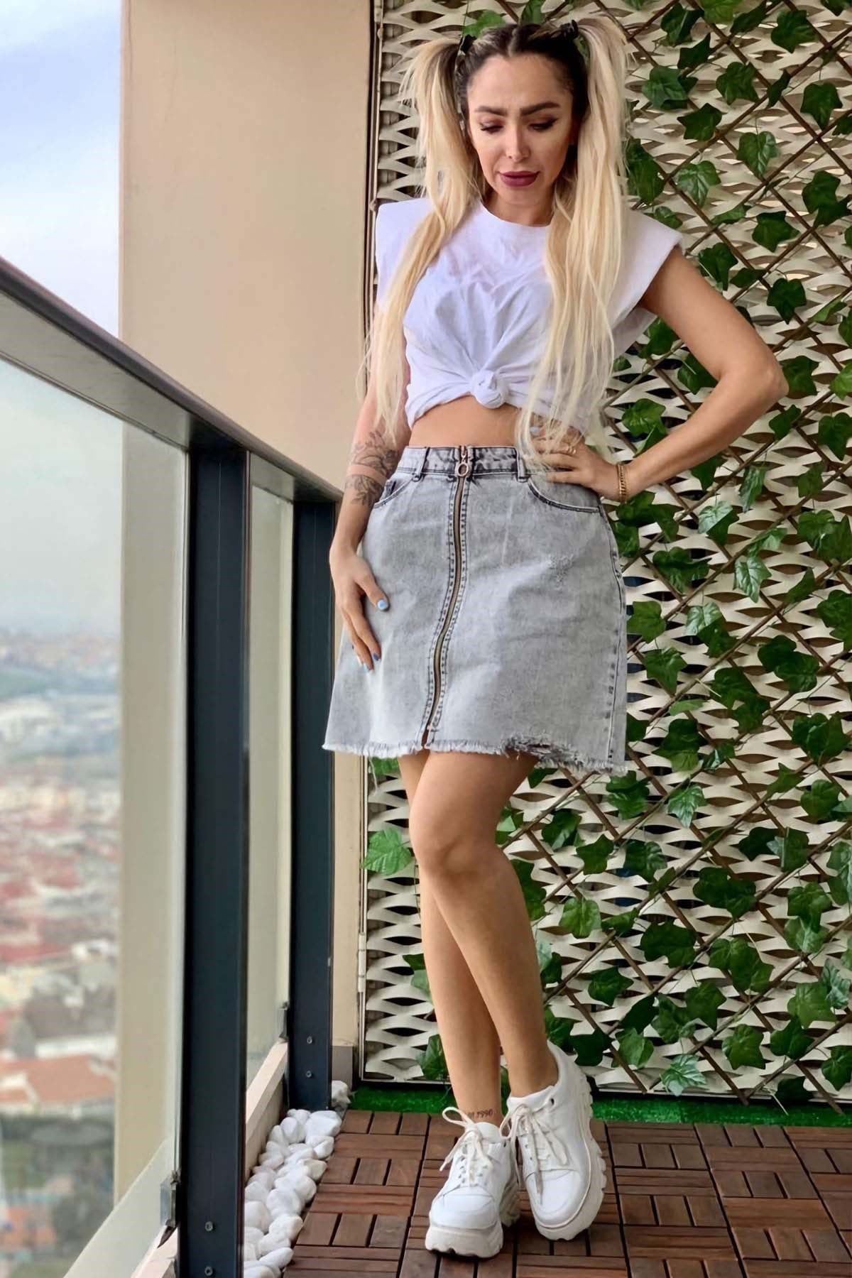The Bark Fermuarlı Mini Kadın Jean Etek 7345 Gri