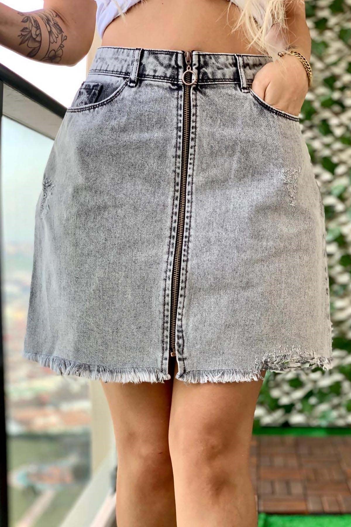 The Bark Fermuarlı Mini Kadın Jean Etek 7345 Gri