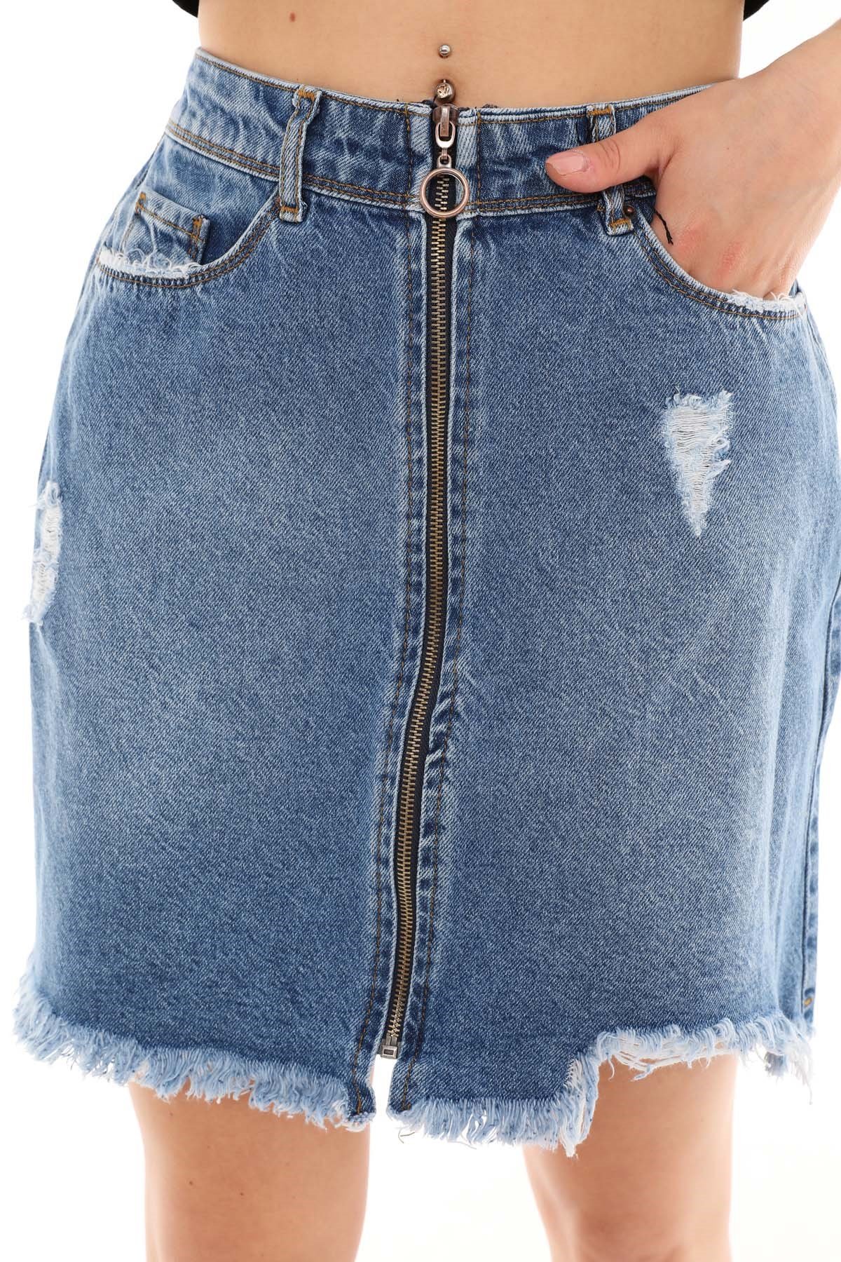 The Bark Fermuarlı Mini Kadın Jean Etek 7345 Mavi