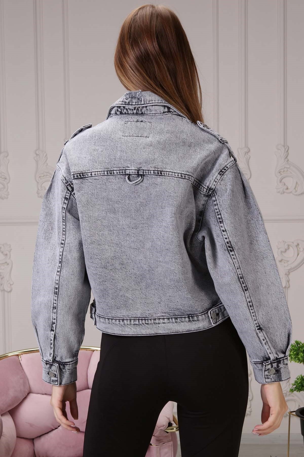 The Bark Geniş Kol Mini Kadın Kot Ceket 6639-819 Gri