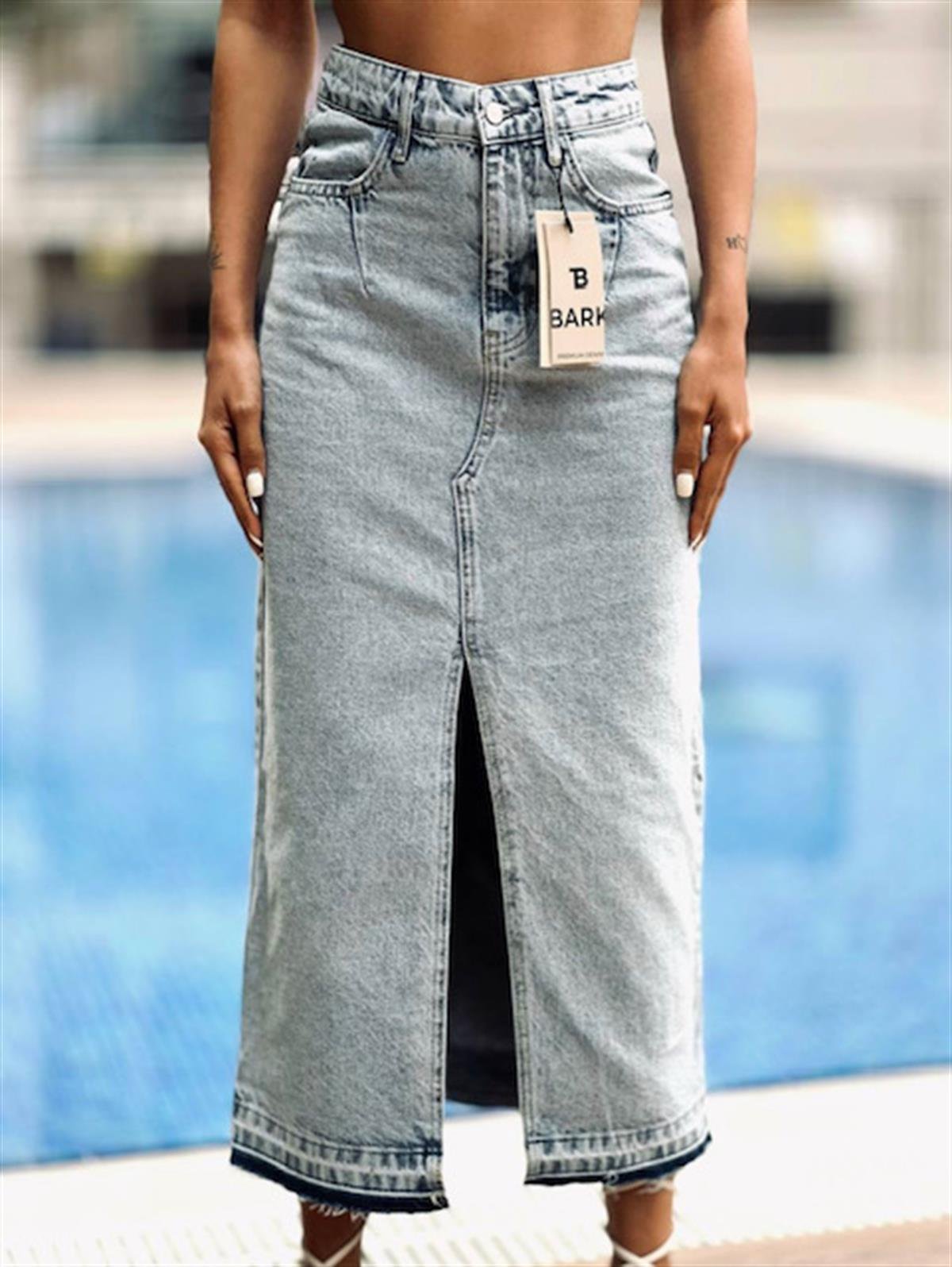 The Bark Kadın Jean Paça Detaylı Yırtmaçlı Etek 70186 Mavi