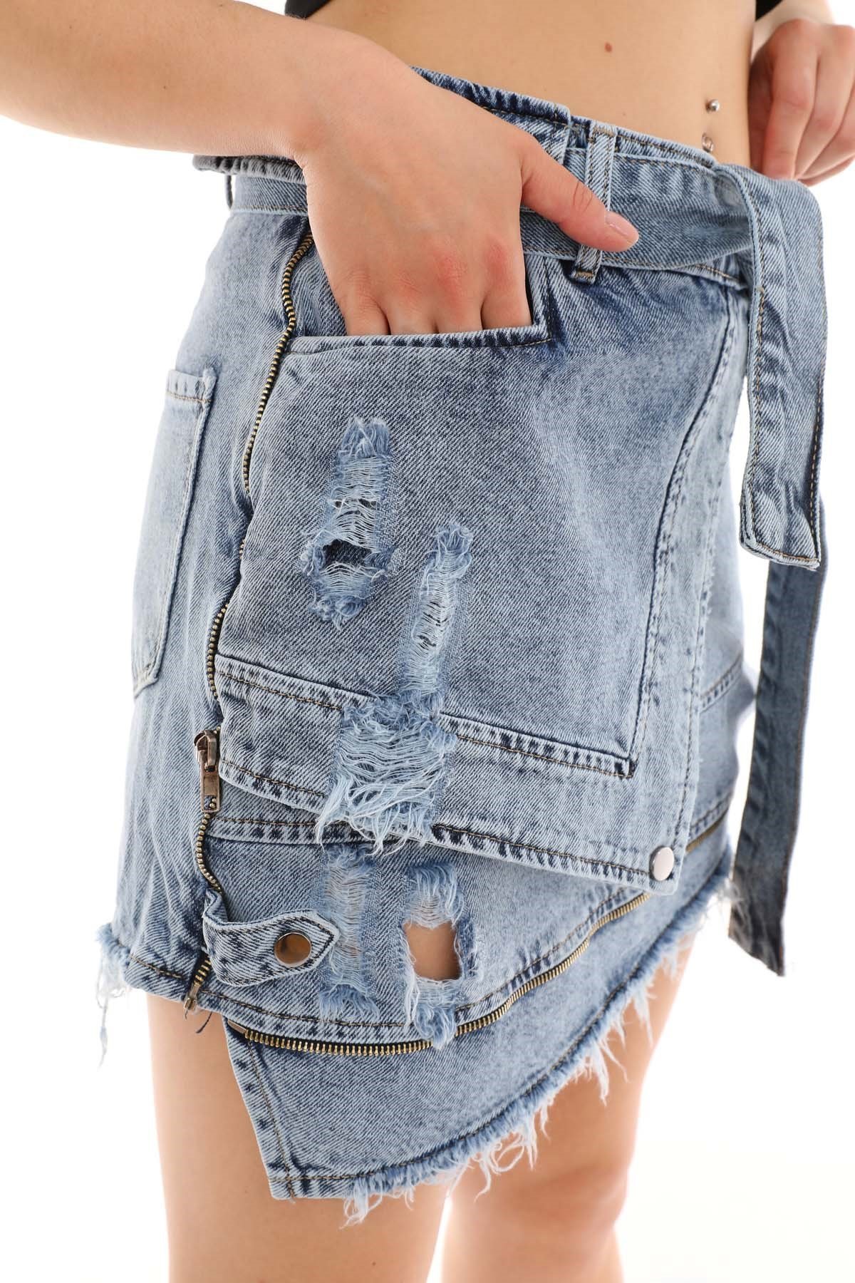The Bark Kuşaklı Mini Kadın Jean Etek 7252 Mavi