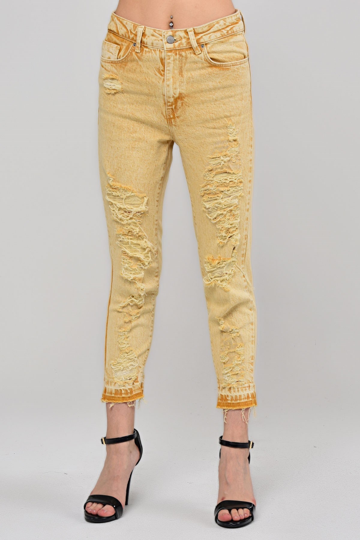 The Bark Lazer Kesim Boy Fit Kadın Jean Pantolon 1037-864 Sarı