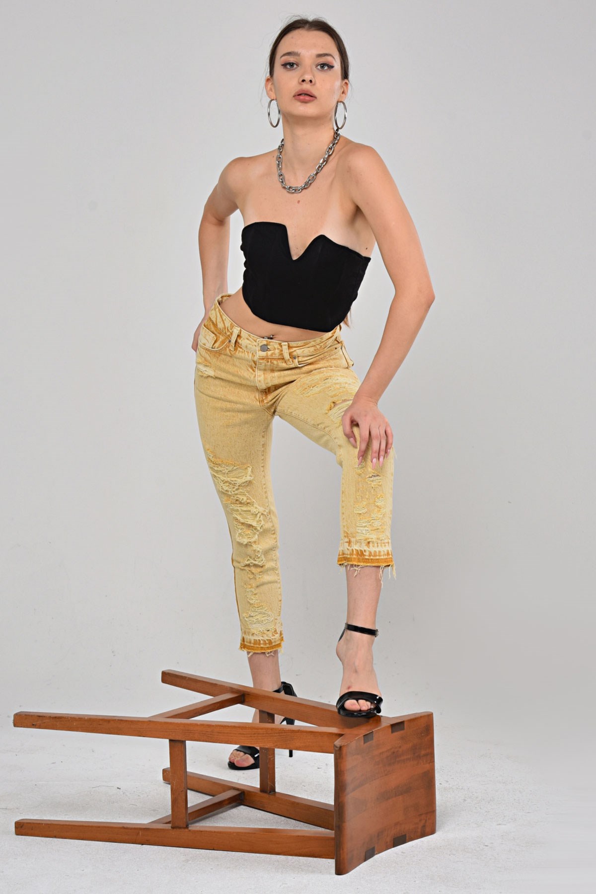 The Bark Lazer Kesim Boy Fit Kadın Jean Pantolon 1037-864 Sarı