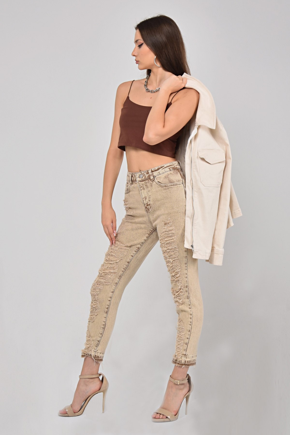 The Bark Lazer Kesim Boy Fit Kadın Jean Pantolon 1037-864 Açık Kahve