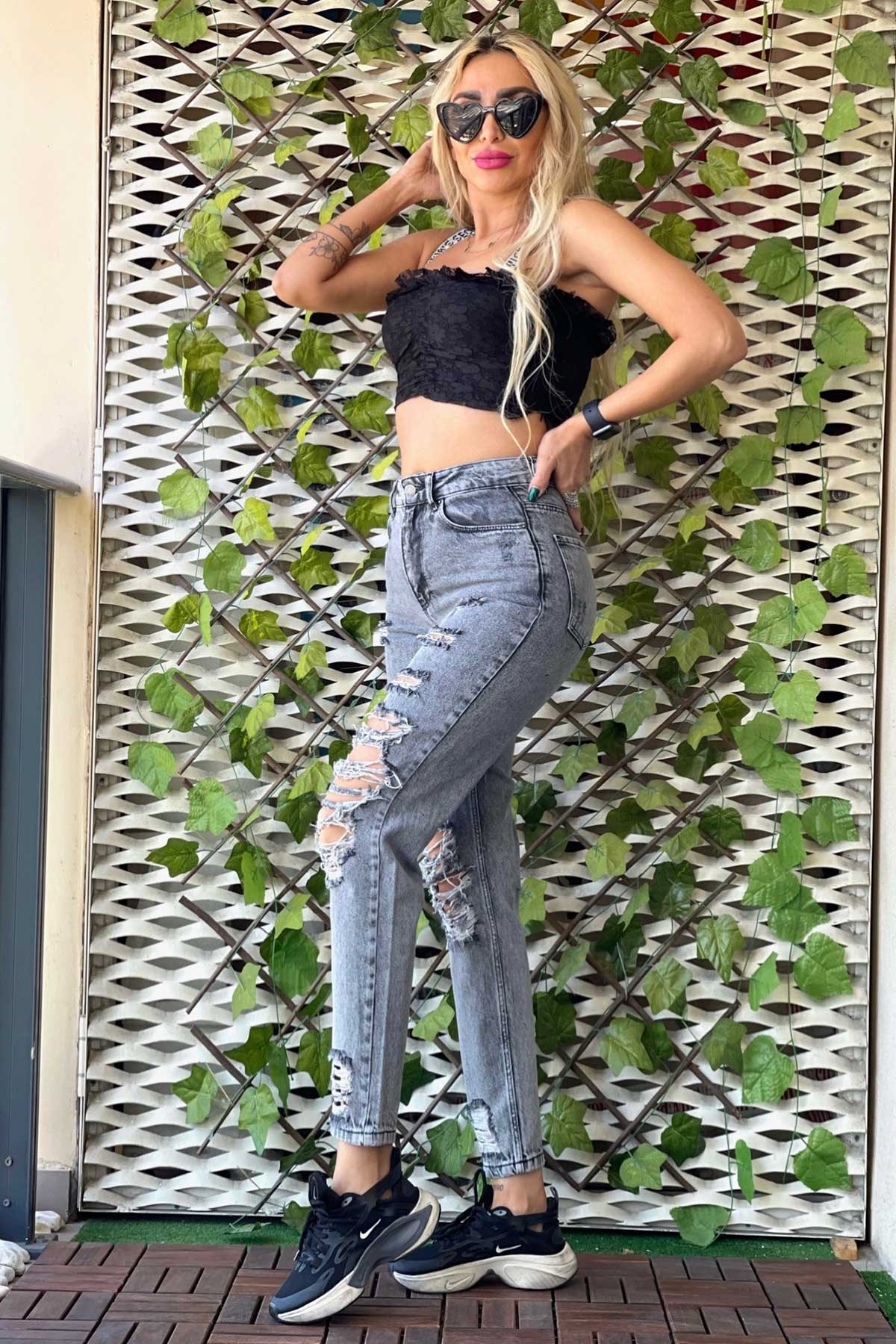 The Bark Lazer Kesim Mom Jean Kadın Pantolon 1037-046 Gri