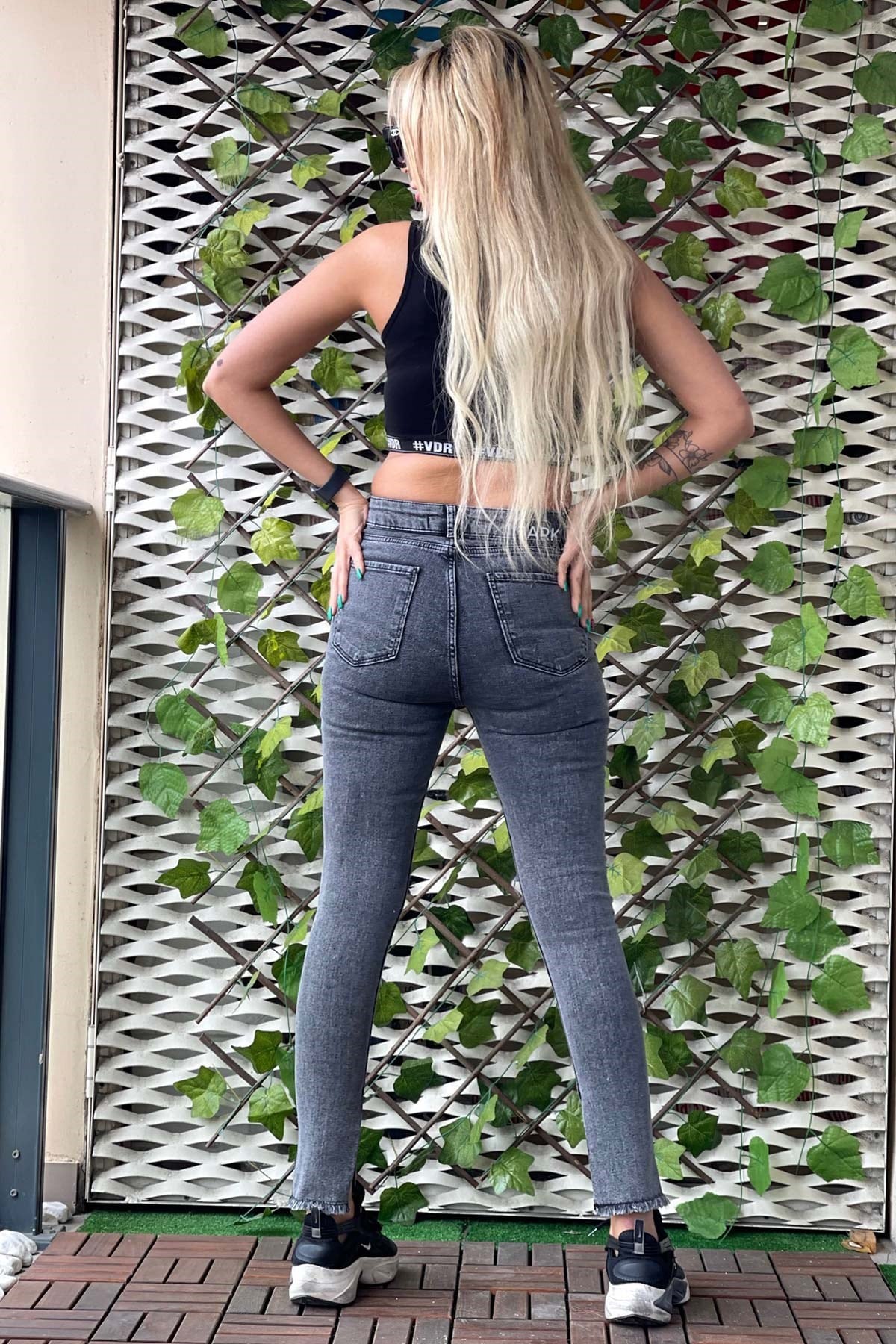 The Bark Lazer Kesim Paça Yırtmaçlı Skinny Kadın Jean Pantolon 1031-141 Siyah