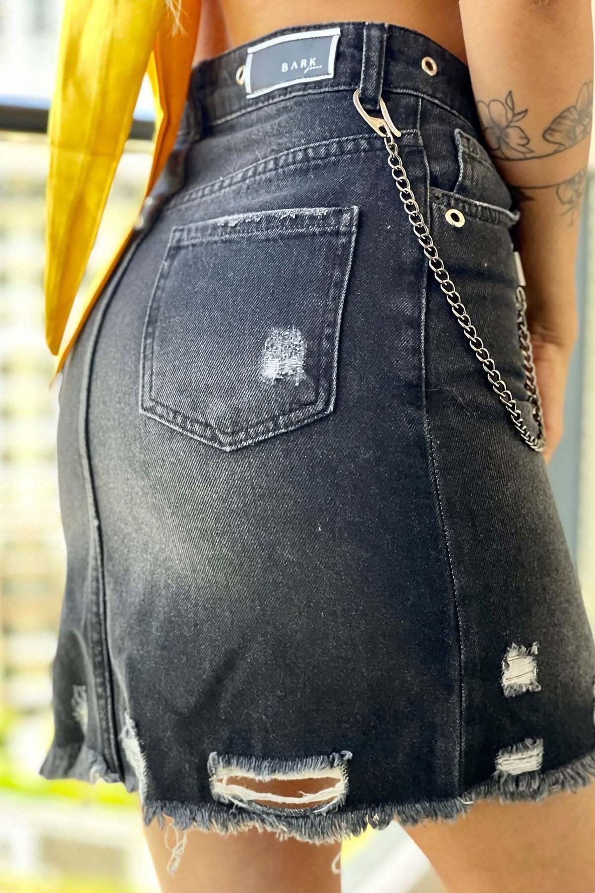 The Bark Lazer Kesim Zincir Detaylı Kadın Jean Etek 7067-832A Siyah