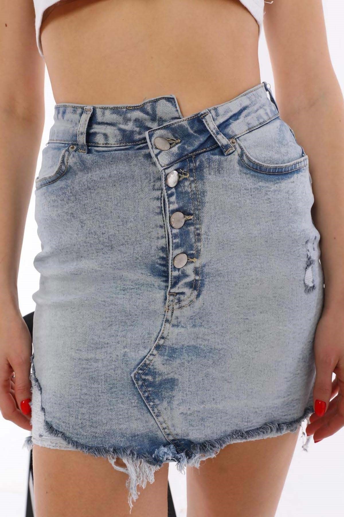 The Bark Lazerli Mini Kadın Jean Etek 7696 Mavi