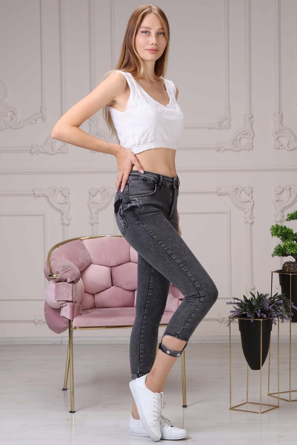 The Bark Skinny Jean Paçası Tokalı Kadın Pantolon 4224-939 Siyah