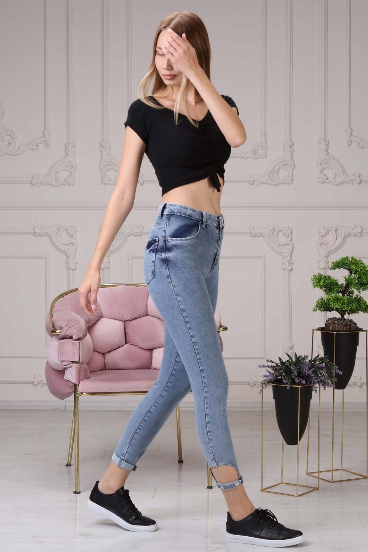 The Bark Skinny Jean Paçası Tokalı Kadın Pantolon 4224-939 Açık Mavi